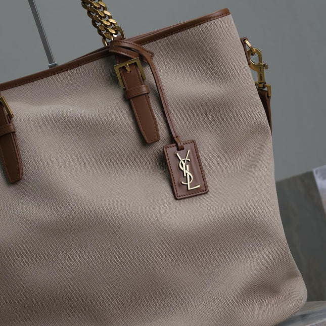 TOTE BAG 38 IN WHITE CANVAS AND BROWN LEATHER TRIM GOLD HARDWARE