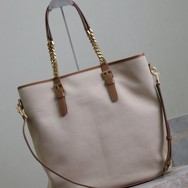 TOTE BAG 38 IN WHITE CANVAS AND BROWN LEATHER TRIM GOLD HARDWARE