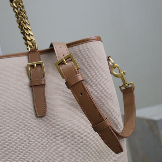 TOTE BAG 38 IN WHITE CANVAS AND BROWN LEATHER TRIM GOLD HARDWARE