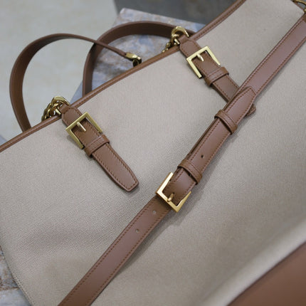 TOTE BAG 38 IN WHITE CANVAS AND BROWN LEATHER TRIM GOLD HARDWARE