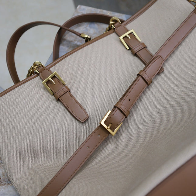TOTE BAG 38 IN WHITE CANVAS AND BROWN LEATHER TRIM GOLD HARDWARE
