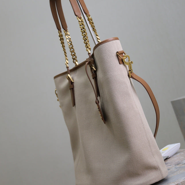 TOTE BAG 38 IN WHITE CANVAS AND BROWN LEATHER TRIM GOLD HARDWARE