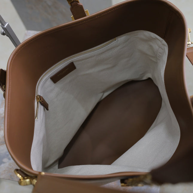 TOTE BAG 38 IN WHITE CANVAS AND BROWN LEATHER TRIM GOLD HARDWARE