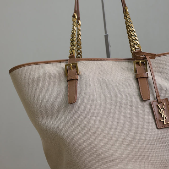 TOTE BAG 47 IN WHITE CANVAS AND BROWN LEATHER TRIM GOLD HARDWARE