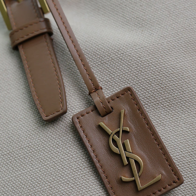 TOTE BAG 47 IN WHITE CANVAS AND BROWN LEATHER TRIM GOLD HARDWARE