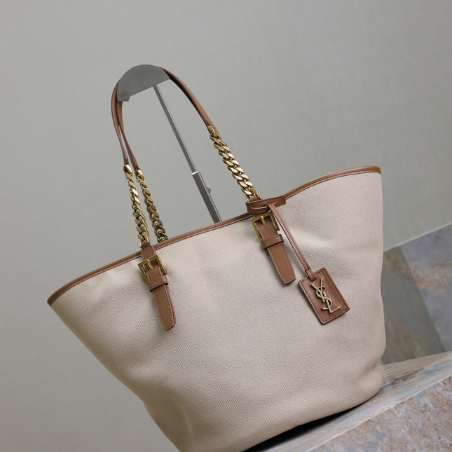 TOTE BAG 47 IN WHITE CANVAS AND BROWN LEATHER TRIM GOLD HARDWARE