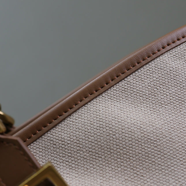 TOTE BAG 47 IN WHITE CANVAS AND BROWN LEATHER TRIM GOLD HARDWARE