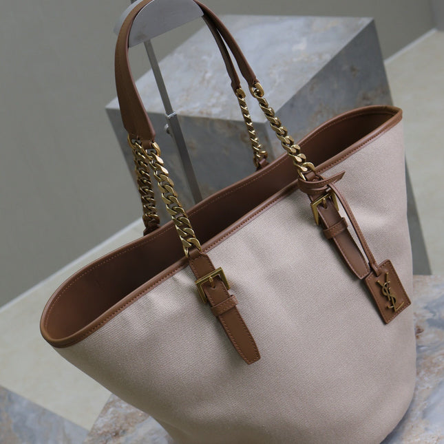 TOTE BAG 47 IN WHITE CANVAS AND BROWN LEATHER TRIM GOLD HARDWARE
