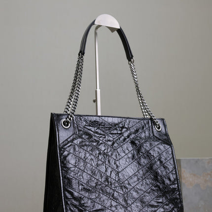 NIKI SHOPPING BAG 33 IN BLACK CRUMPLED CALFSKIN SILVER HARDWARE