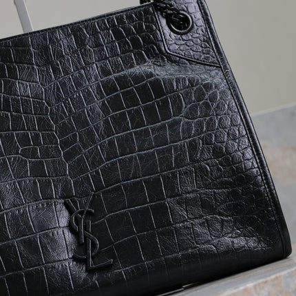 NIKI SHOPPING BAG 33 IN BLACK CROCODILE-EMBOSSED CALFSKIN