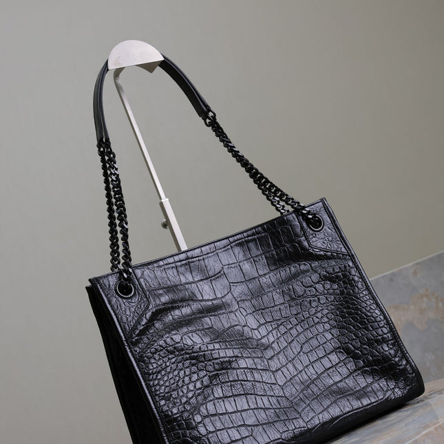 NIKI SHOPPING BAG 33 IN BLACK CROCODILE-EMBOSSED CALFSKIN