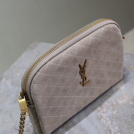 GABY ZIPPED POUCH 19 IN GRAY MATTE SUEDE GOLD HARDWARE