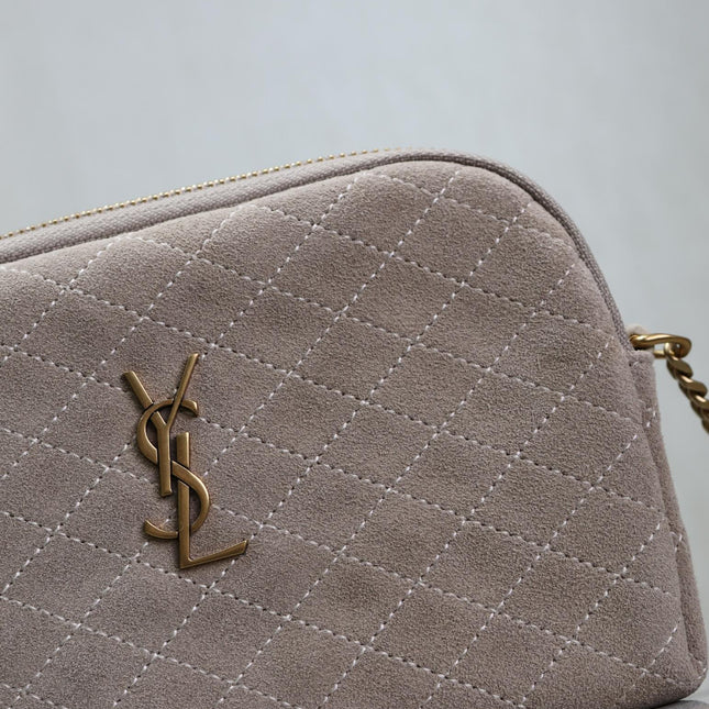 GABY ZIPPED POUCH 19 IN GRAY MATTE SUEDE GOLD HARDWARE