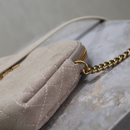 GABY ZIPPED POUCH 19 IN GRAY MATTE SUEDE GOLD HARDWARE