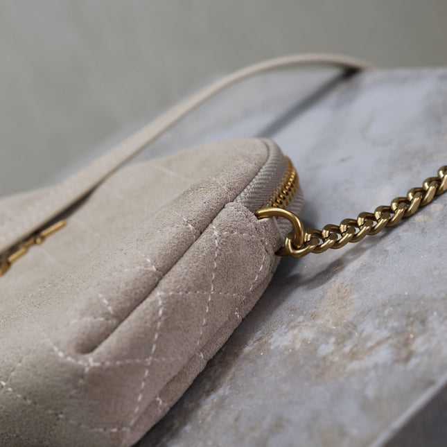 GABY ZIPPED POUCH 19 IN GRAY MATTE SUEDE GOLD HARDWARE