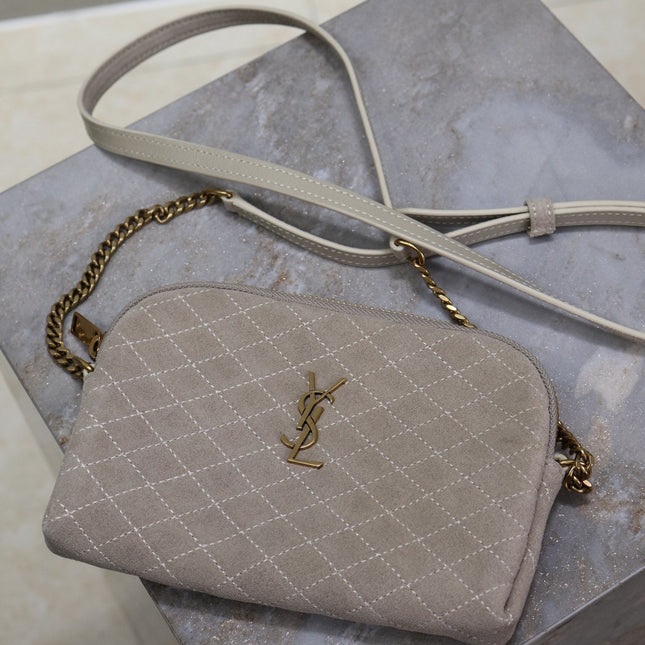 GABY ZIPPED POUCH 19 IN GRAY MATTE SUEDE GOLD HARDWARE