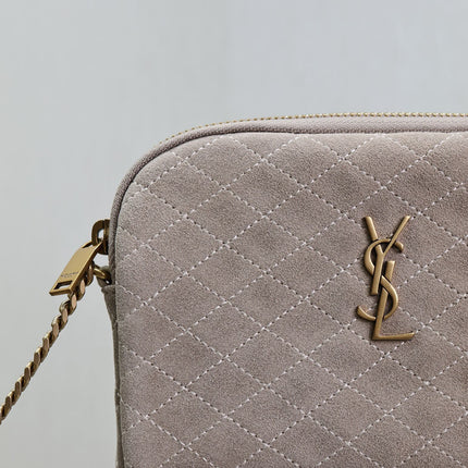 GABY ZIPPED POUCH 19 IN GRAY MATTE SUEDE GOLD HARDWARE