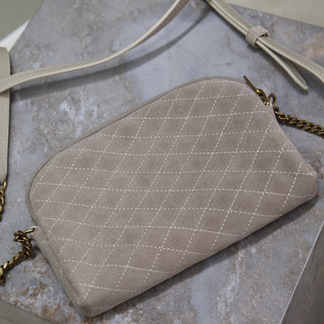 GABY ZIPPED POUCH 19 IN GRAY MATTE SUEDE GOLD HARDWARE