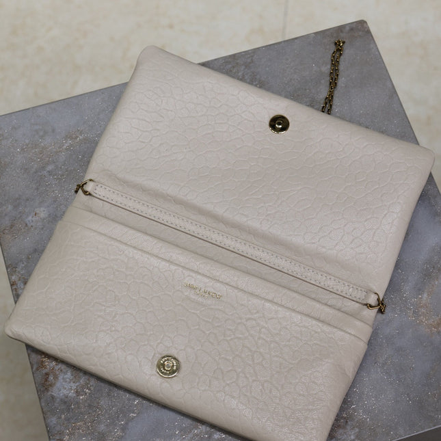 CALYPSO POUCH 24 IN WHITE ELEPHANT TEXTURED LAMBSKIN GOLD LOGO