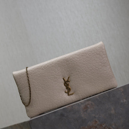 CALYPSO POUCH 24 IN WHITE ELEPHANT TEXTURED LAMBSKIN GOLD LOGO