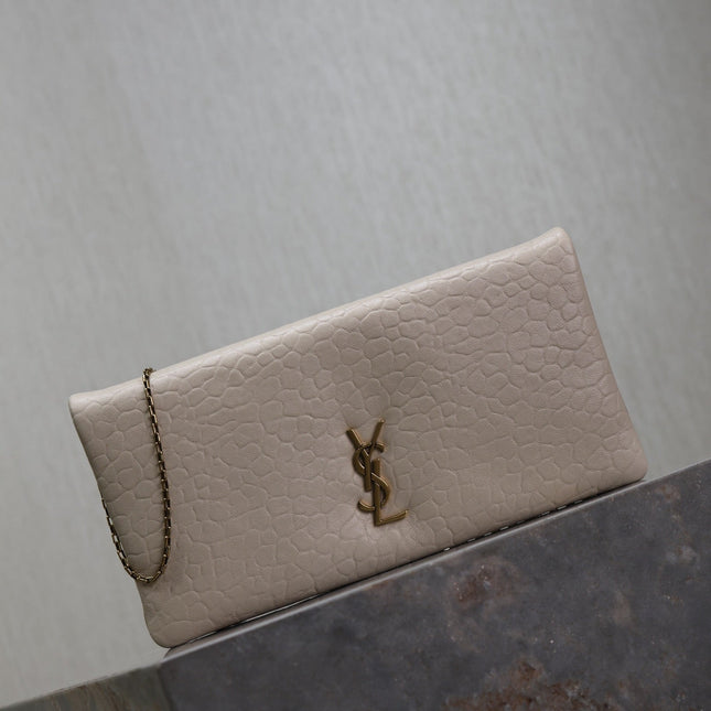 CALYPSO POUCH 24 IN WHITE ELEPHANT TEXTURED LAMBSKIN GOLD LOGO