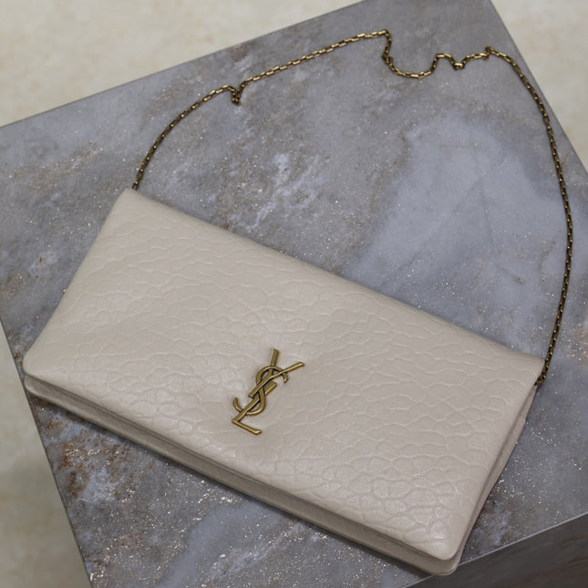 CALYPSO POUCH 24 IN WHITE ELEPHANT TEXTURED LAMBSKIN GOLD LOGO