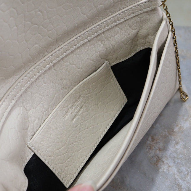 CALYPSO POUCH 24 IN WHITE ELEPHANT TEXTURED LAMBSKIN GOLD LOGO