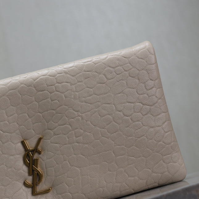 CALYPSO POUCH 24 IN WHITE ELEPHANT TEXTURED LAMBSKIN GOLD LOGO