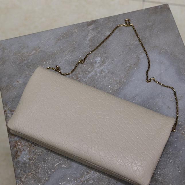 CALYPSO POUCH 24 IN WHITE ELEPHANT TEXTURED LAMBSKIN GOLD LOGO
