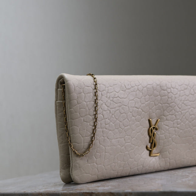 CALYPSO POUCH 24 IN WHITE ELEPHANT TEXTURED LAMBSKIN GOLD LOGO