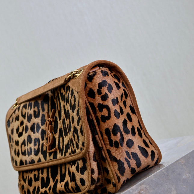 NIKI MEDIUM 28 IN LEOPARD PRINT CALFSKIN AND BROWN SUEDE TRIM