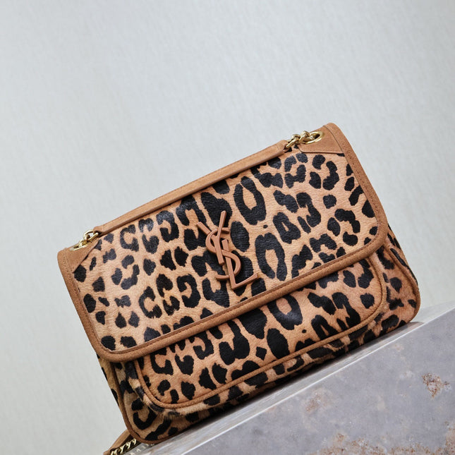 NIKI MEDIUM 28 IN LEOPARD PRINT CALFSKIN AND BROWN SUEDE TRIM
