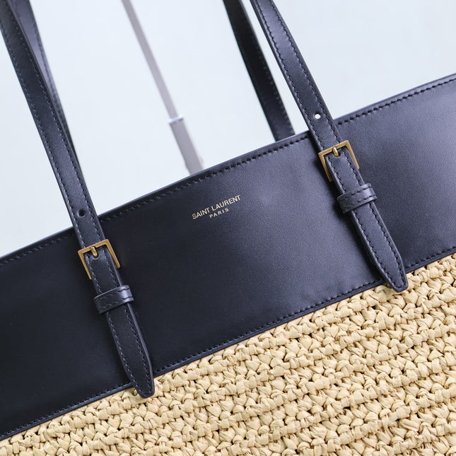 SHOPPING TOTE BAG 38 IN BEIGE WOVEN RAFFIA AND BLACK CALFSKIN
