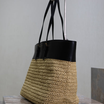 SHOPPING TOTE BAG 38 IN BEIGE WOVEN RAFFIA AND BLACK CALFSKIN