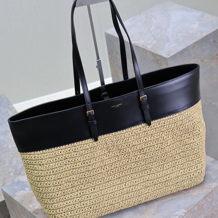 SHOPPING TOTE BAG 38 IN BEIGE WOVEN RAFFIA AND BLACK CALFSKIN