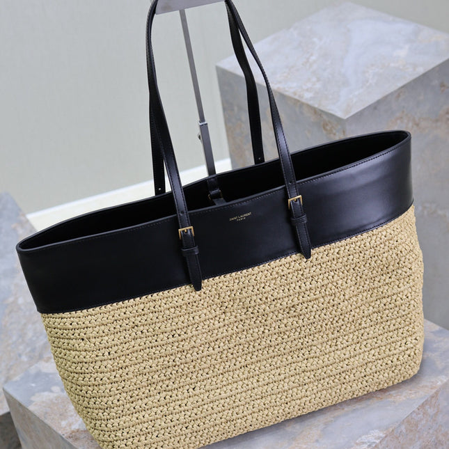 SHOPPING TOTE BAG 38 IN BEIGE WOVEN RAFFIA AND BLACK CALFSKIN