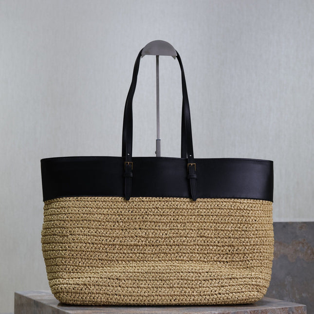 SHOPPING TOTE BAG 38 IN BEIGE WOVEN RAFFIA AND BLACK CALFSKIN