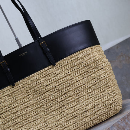SHOPPING TOTE BAG 38 IN BEIGE WOVEN RAFFIA AND BLACK CALFSKIN
