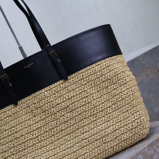 SHOPPING TOTE BAG 38 IN BEIGE WOVEN RAFFIA AND BLACK CALFSKIN