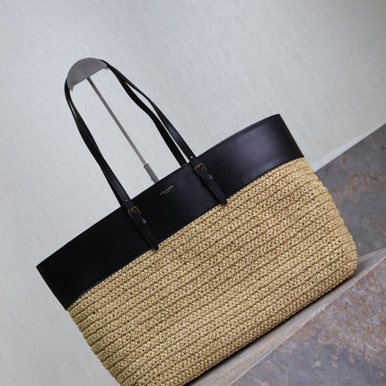 SHOPPING TOTE BAG 38 IN BEIGE WOVEN RAFFIA AND BLACK CALFSKIN