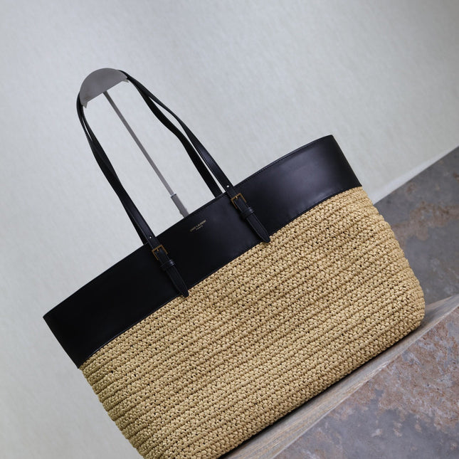 SHOPPING TOTE BAG 38 IN BEIGE WOVEN RAFFIA AND BLACK CALFSKIN
