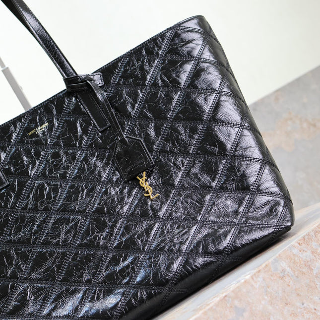 SHOPPING TOTE BAG 38 IN BLACK CRUMPLED CALFSKIN