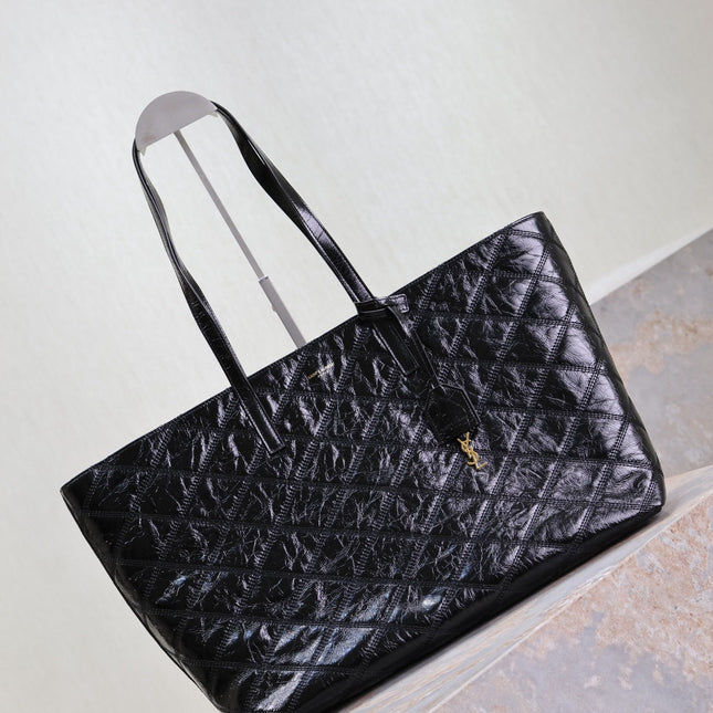 SHOPPING TOTE BAG 38 IN BLACK CRUMPLED CALFSKIN