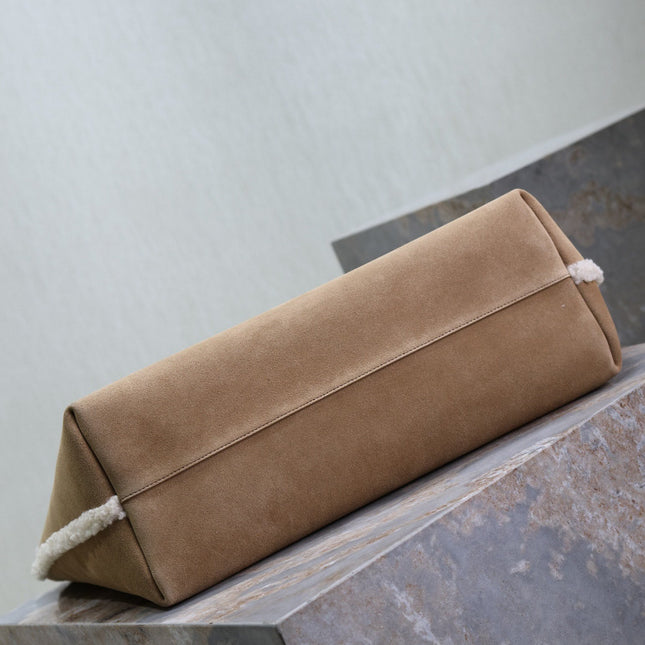 SHOPPING TOTE BAG 38 IN TAN BROWN SUEDE AND WHITE SHEARLING TRIM