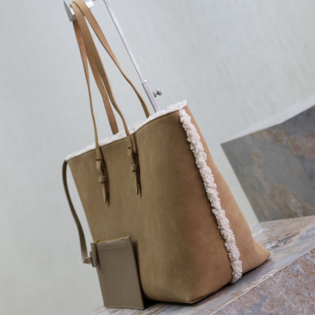 SHOPPING TOTE BAG 38 IN TAN BROWN SUEDE AND WHITE SHEARLING TRIM