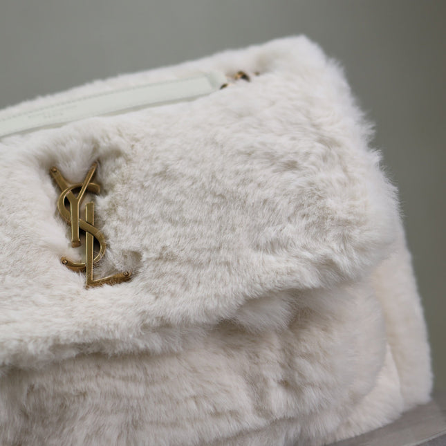 NIKI MEDIUM 28 IN WHITE RABBIT FUR GOLD HARDWARE