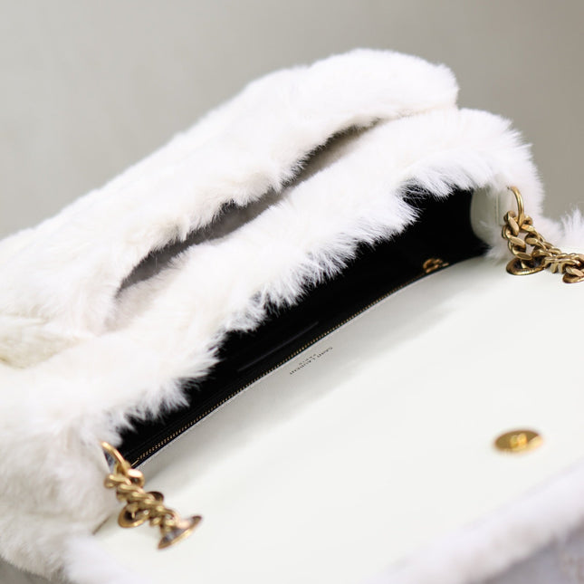 NIKI MEDIUM 28 IN WHITE RABBIT FUR GOLD HARDWARE