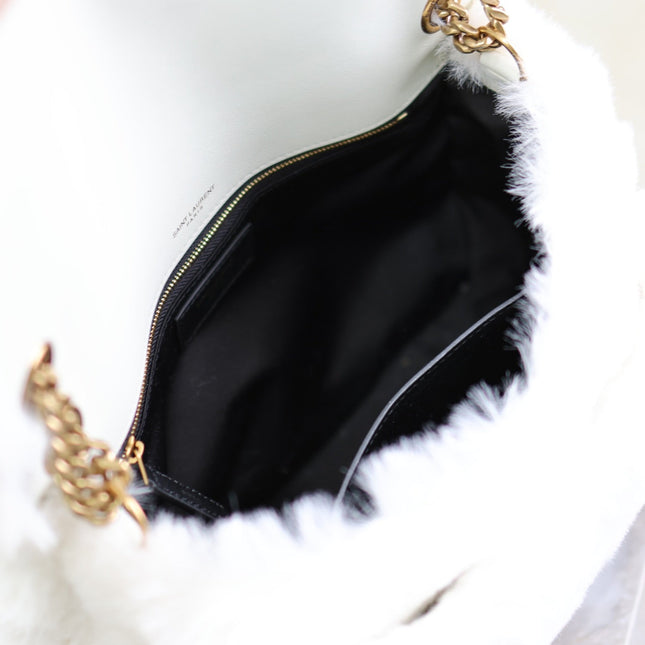 NIKI MEDIUM 28 IN WHITE RABBIT FUR GOLD HARDWARE