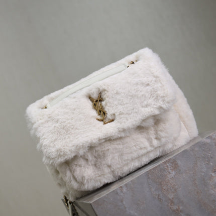 NIKI MEDIUM 28 IN WHITE RABBIT FUR GOLD HARDWARE