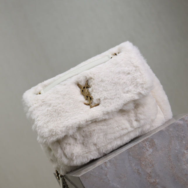NIKI MEDIUM 28 IN WHITE RABBIT FUR GOLD HARDWARE